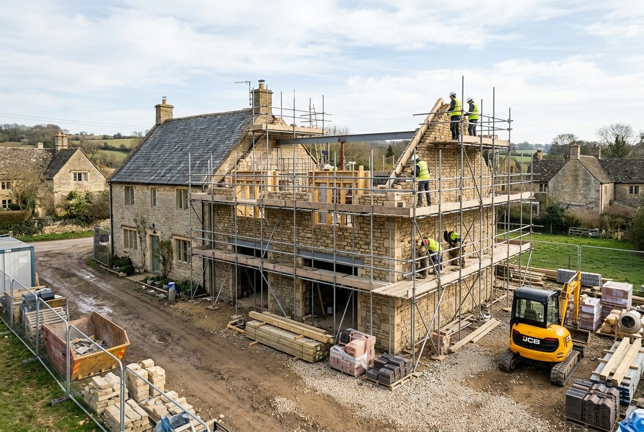 Traditional stone building being developed with scaffolding in place