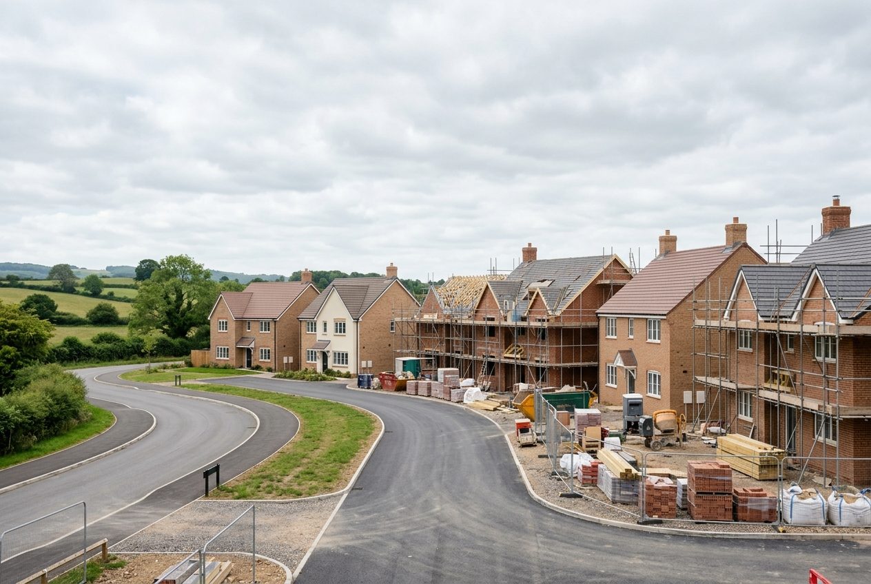 A small housing development with new homes under construction