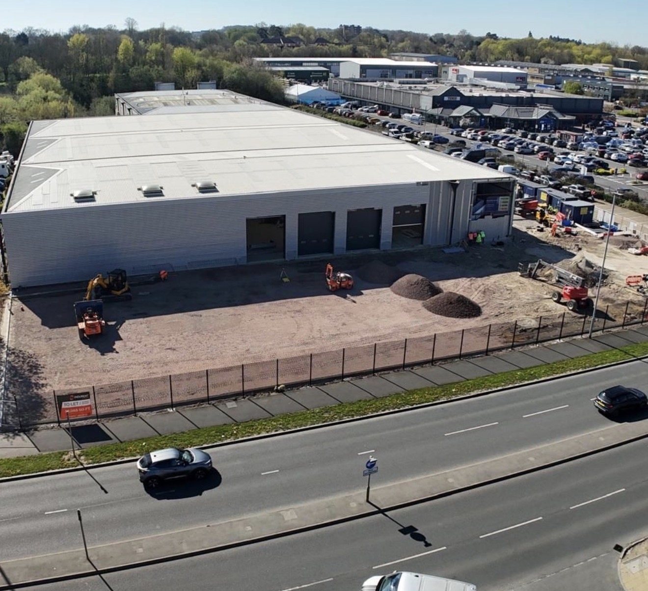 Aerial view showing the scale of external construction works at Harlow, Essex