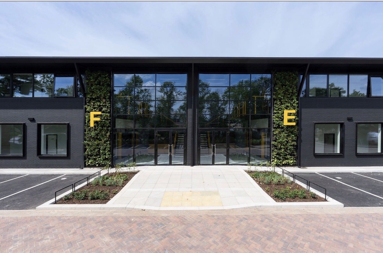 Completed front elevation with glazed entrance at Heathrow West