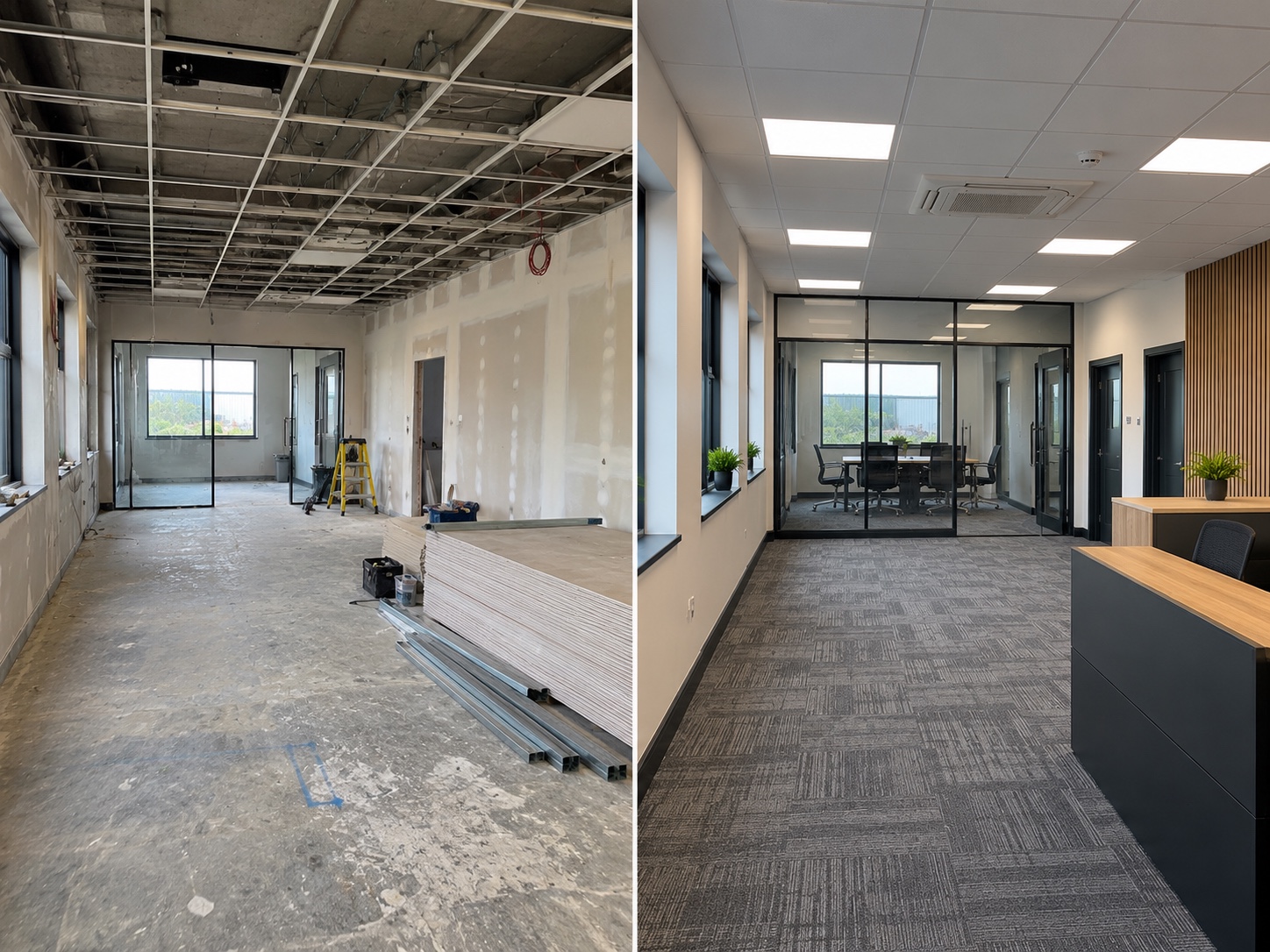 Before and after of an Ashway Group office refurbishment, shown side by side